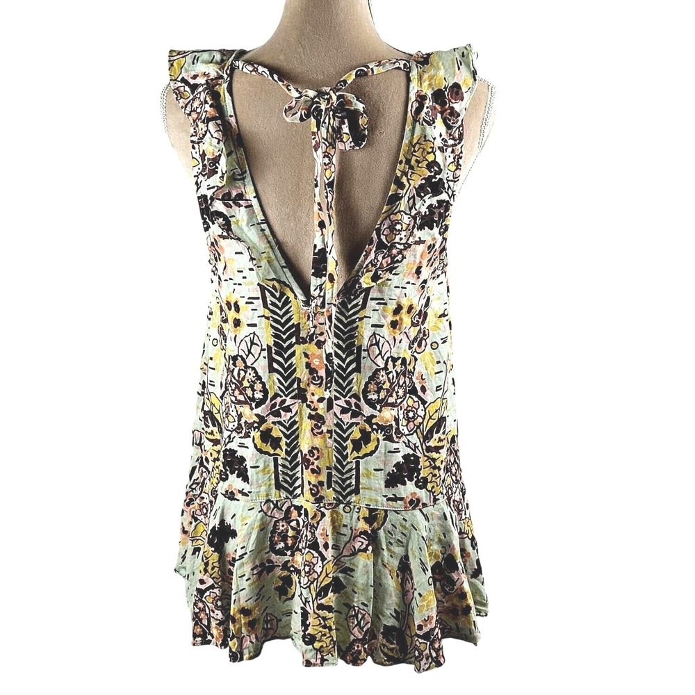 Free People Tunic Top Summer In Tulum Boho Floral Green Combo Peasant Sz XS - Picture 7 of 10